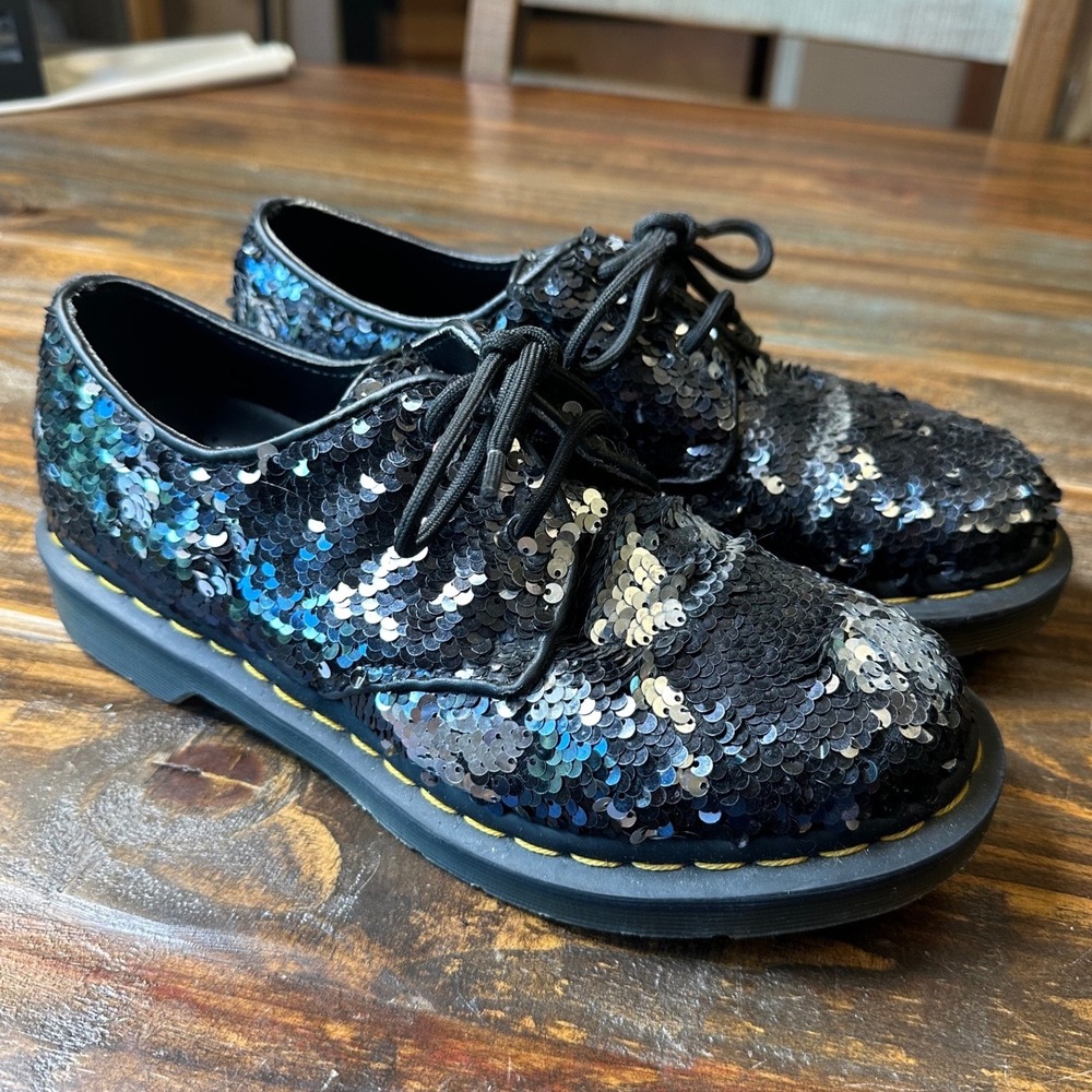 Dr. Martens 1461 Black Silver Reversible Sequin Oxford Shoes Womens Size 7